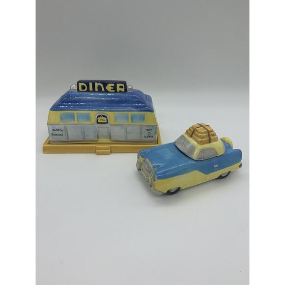 Fitz and Floyd Omnibus 1993 Ceramic Car Sugar Bowl and Diner Butter Dish - Picture 1 of 4